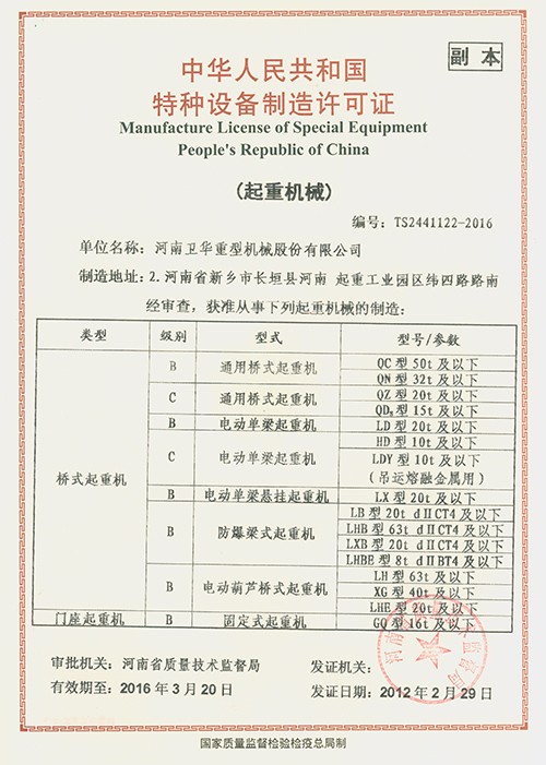 Manufacture License of Special Equipment People's Republic of China